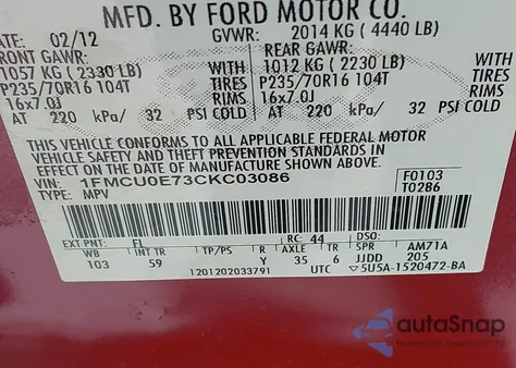 2012 Ford Escape Limited from USA, damaged, VIN 1FMCU0E73CKC03086